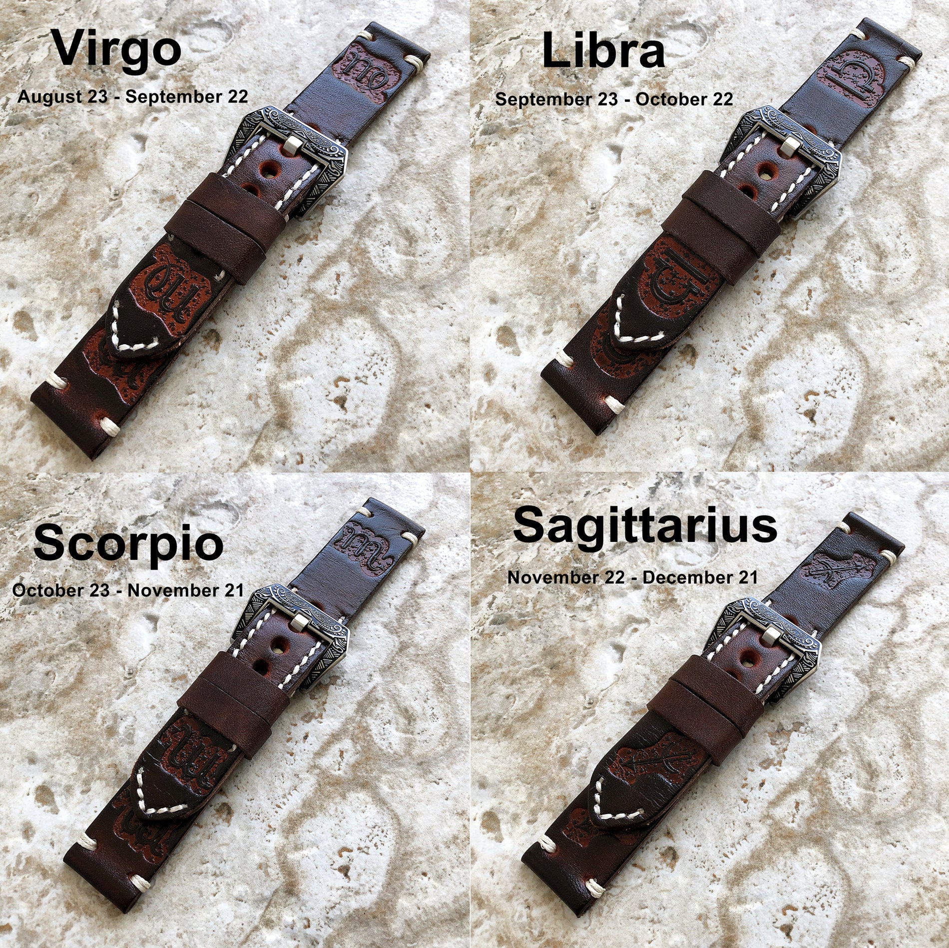 Zodiac Sign Band 22mm 24mm 25mm Compatible with Apple Samsung Watch Fitbit Versa 2 3 4 Sense 2 Ionic Embossed Tooled Leather Handmade Strap